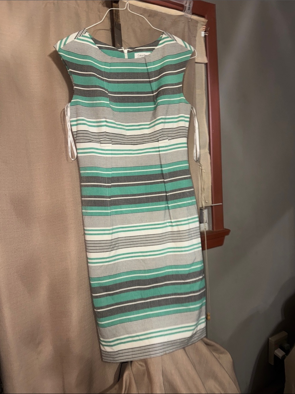 Sleeveless Striped Sheath Dress in Teal & Gray-June1-2